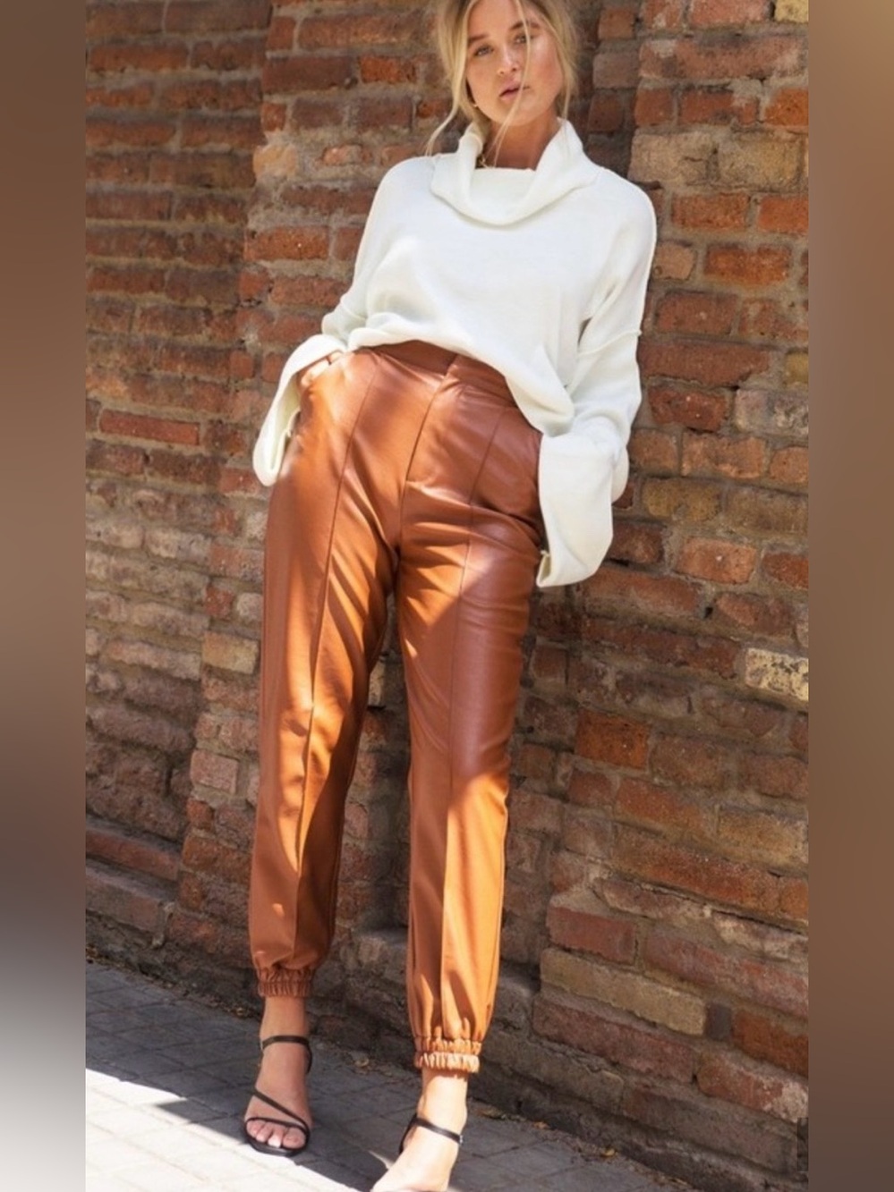 Nasty Gal Brown Faux Leather Jogger Pants